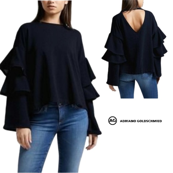 AG Goldschmied Chambray Cutout Ruffle Sweatshirt - Picture 1 of 11